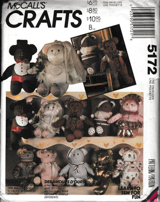 McCalls Crafts 5172 Teddy Bear Doll Sewing Pattern 1990's - VintageStitching - Vintage Sewing Patterns