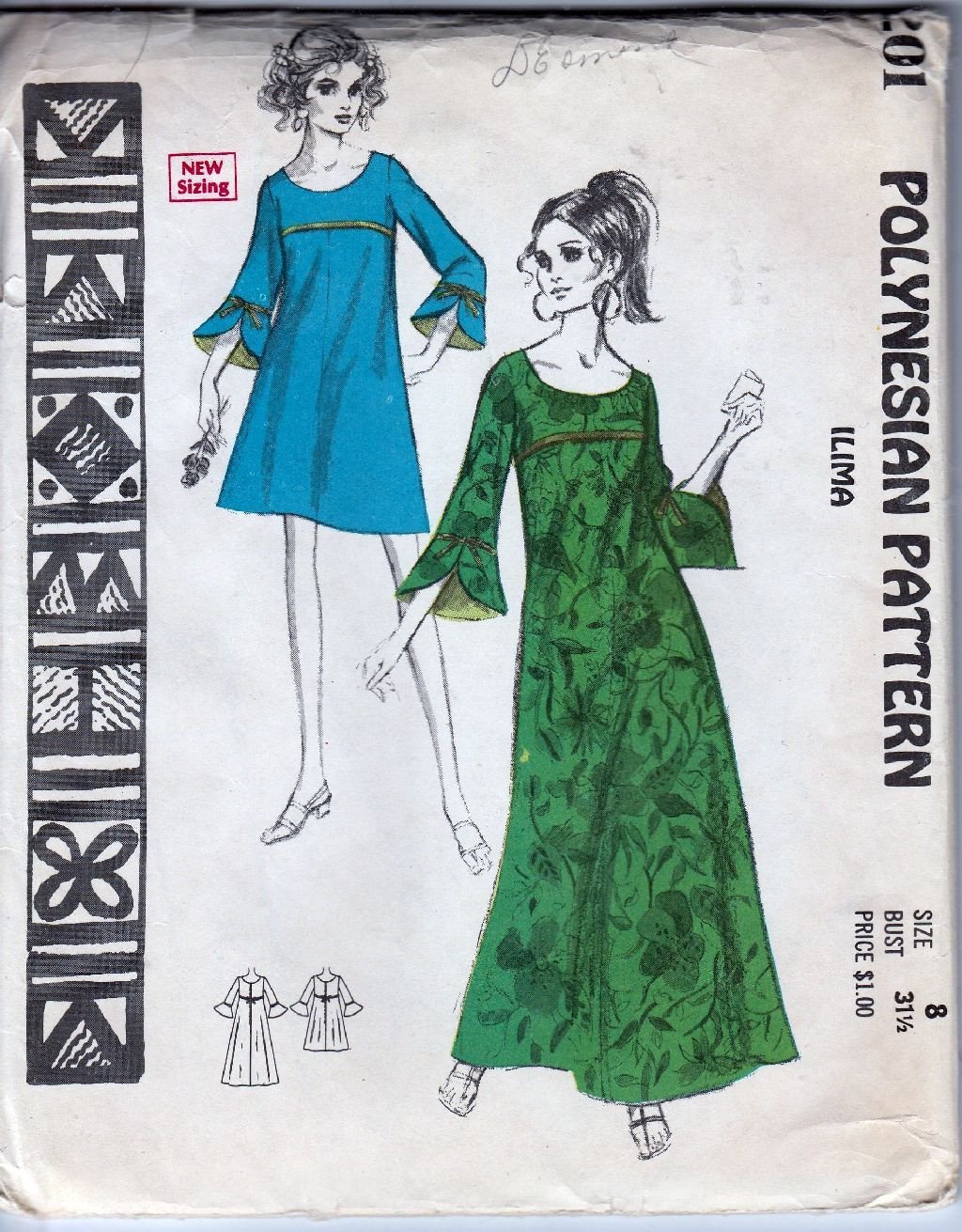 Polynesian 201 Vintage Sewing Pattern 1960 s Ladies Hawaiian Mini Maxi Dress Iliama