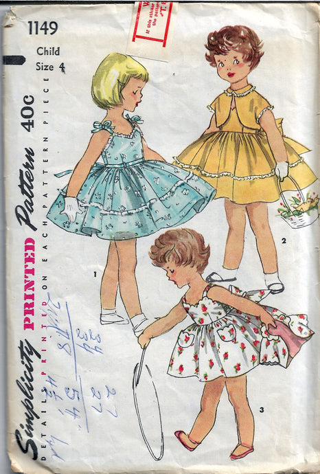 simplicity 1149 childs dress vintage pattern 1950s