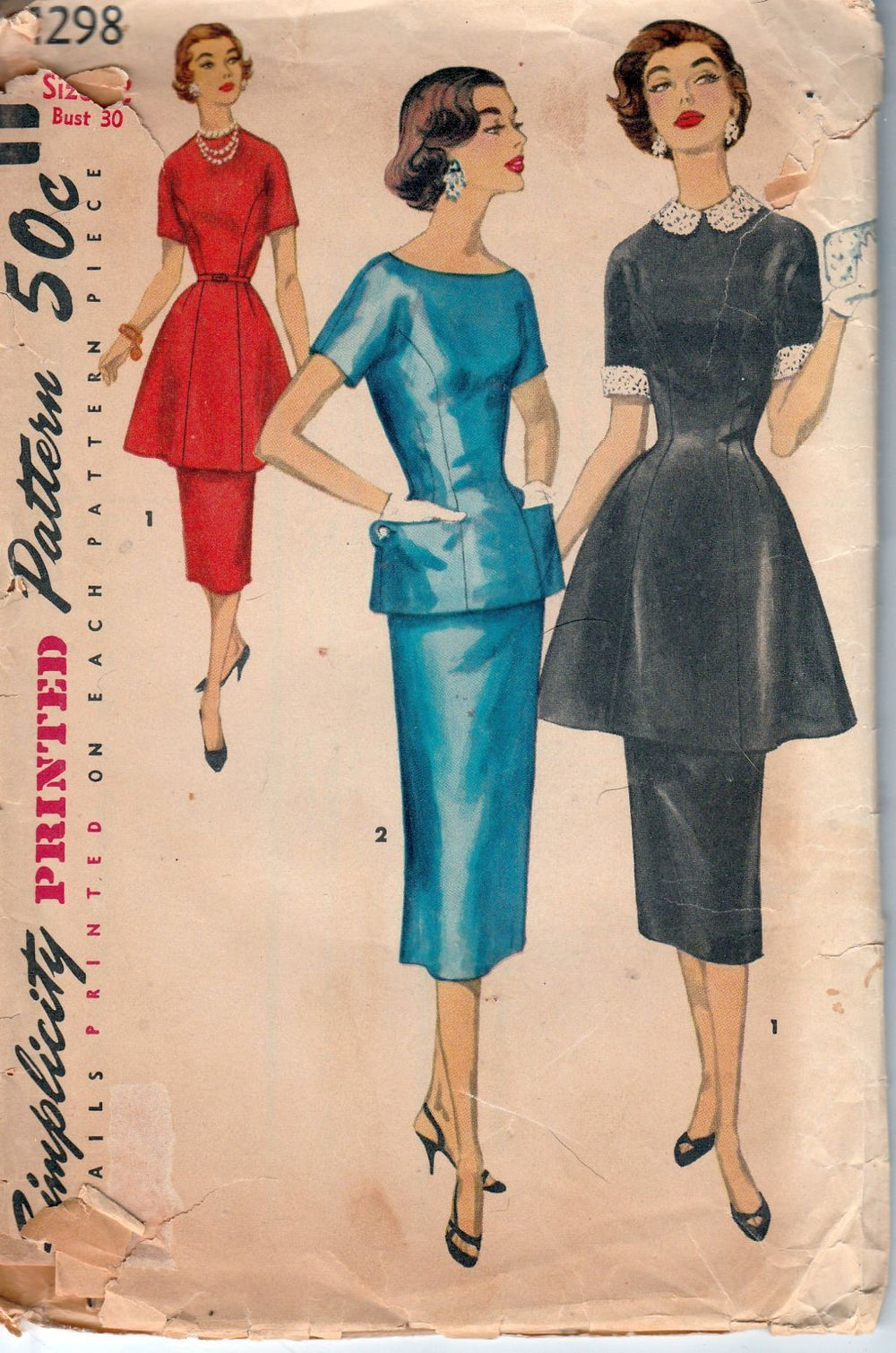 Simplicity 1298 Ladies Two Piece Dress with Peplum Vintage Sewing Pattern 1950's - VintageStitching - Vintage Sewing Patterns