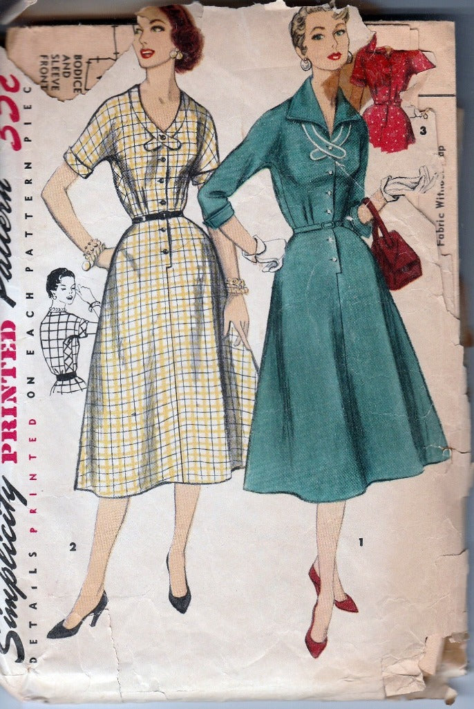 Simplicity 1356 Vintage 1950's Sewing Pattern Ladies Buttoned Front Day  Dress Pointed Collar