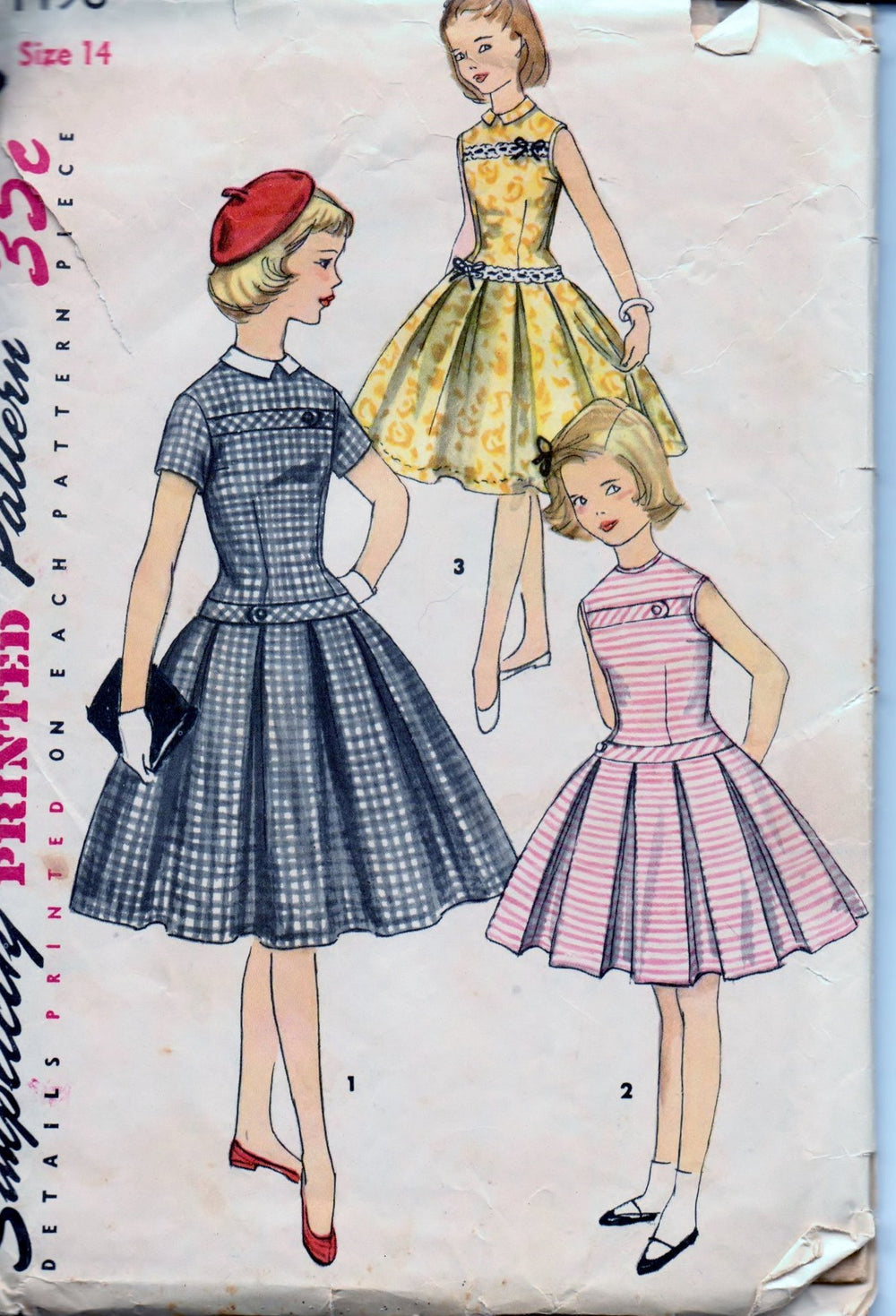 Simplicity 1496 Young Girls Pleated Dress with Detachable Collar Vintage 1950's Sewing Pattern - VintageStitching - Vintage Sewing Patterns
