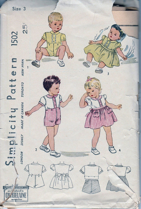 Simplicity 1502 Toddler Boys Two Piece Suit Girls Dress Vintage Pattern 1940's - VintageStitching - Vintage Sewing Patterns