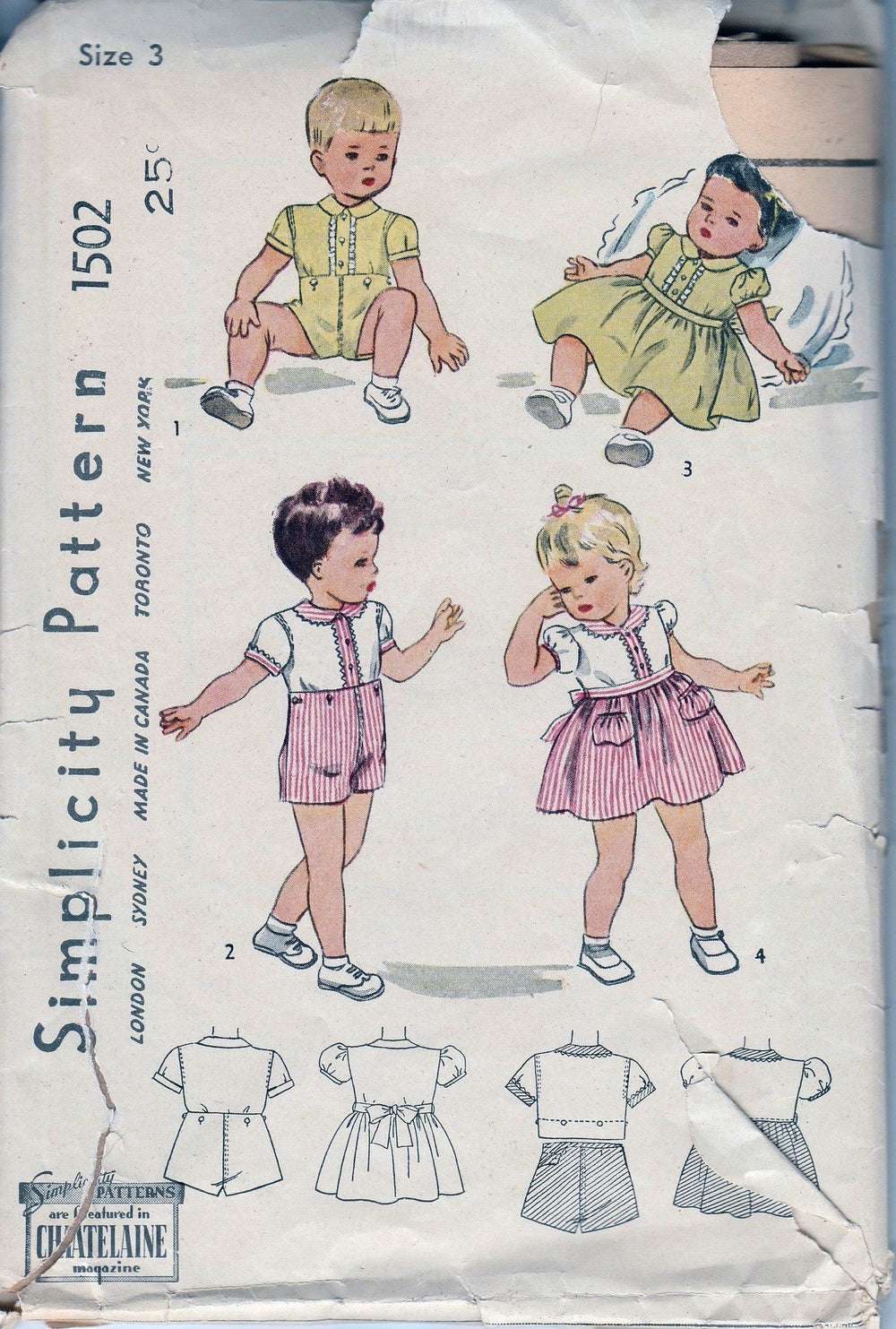 Simplicity 1502 Toddler Boys Two Piece Suit Girls Dress Vintage Pattern 1940's - VintageStitching - Vintage Sewing Patterns
