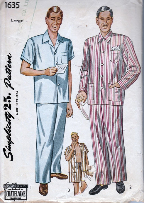 Simplicity 1635 Vintage 1940's Sewing Pattern Mens' Pajamas Long Short Pants - VintageStitching - Vintage Sewing Patterns