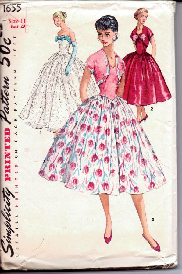 Simplicity 1655 Vintage 1950's Sewing Pattern Ladies Sleeveless Cocktail Rockabilly Dress Prom Evening Gown Bolero Jacket - VintageStitching - Vintage Sewing Patterns