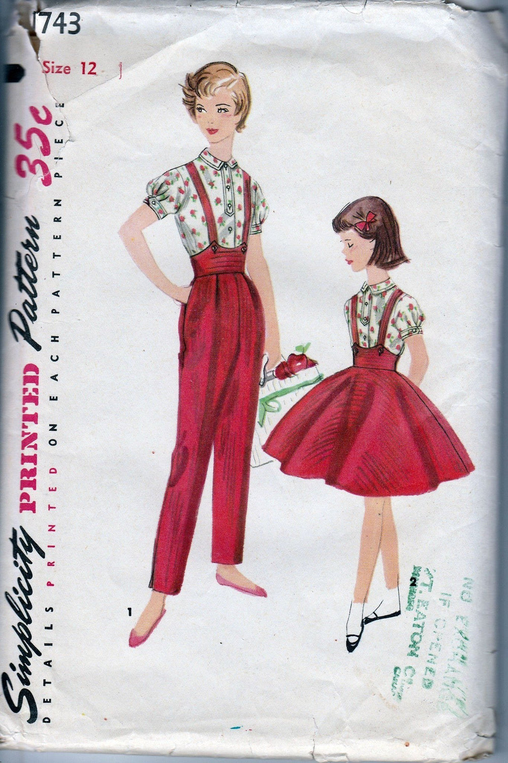 Simplicity 1743 Girls Blouse Suspender Skirt Pants Vintage Pattern 1950's - VintageStitching - Vintage Sewing Patterns