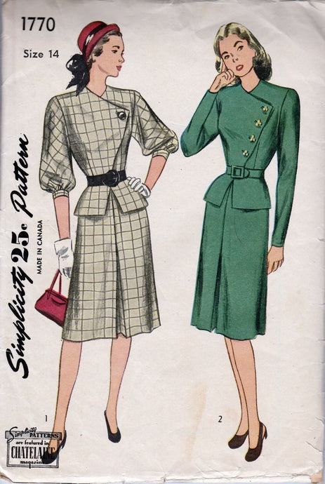 Simplicity 1770 Vintage 1940's Sewing Pattern Ladies Asymmetrical Dress Peplum Jacket Slim Skirt - VintageStitching - Vintage Sewing Patterns