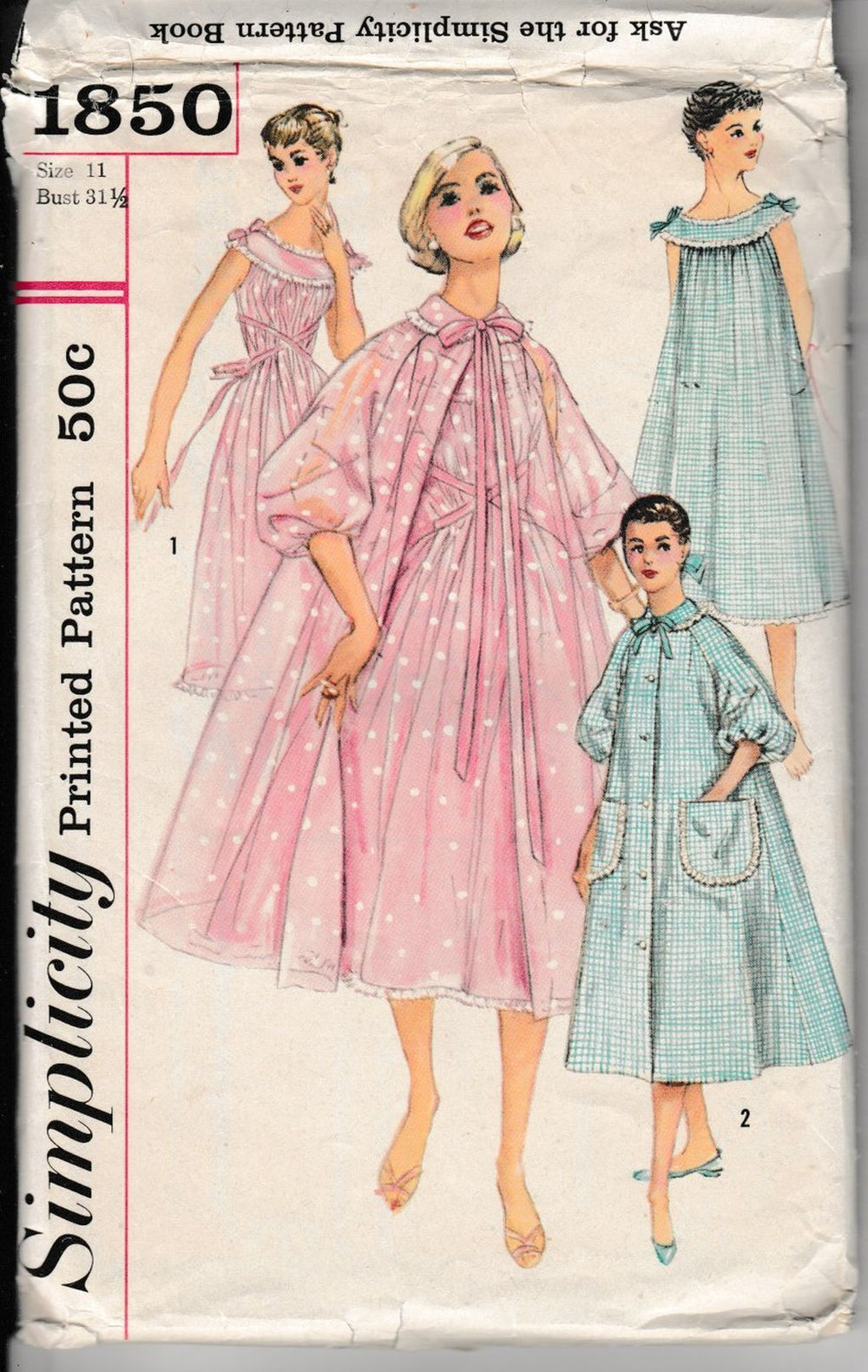 Simplicity 1850 Junior Teen Nightgown Negligee Brunch Coat Lingerie Vintage 1950's Pattern - VintageStitching - Vintage Sewing Patterns