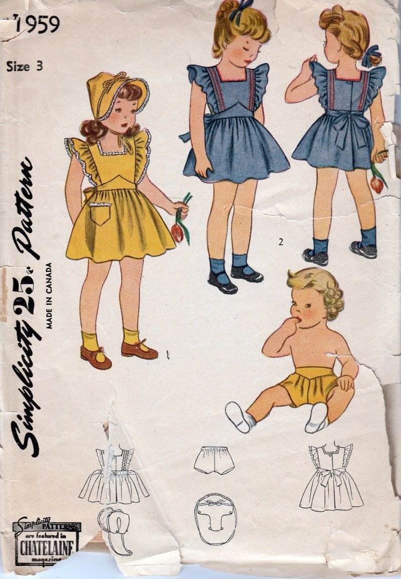 Simplicity 1959 Vintage 1940's Sewing Pattern Little Girls Toddler Pinafore Dress Panties Bonnet - VintageStitching - Vintage Sewing Patterns