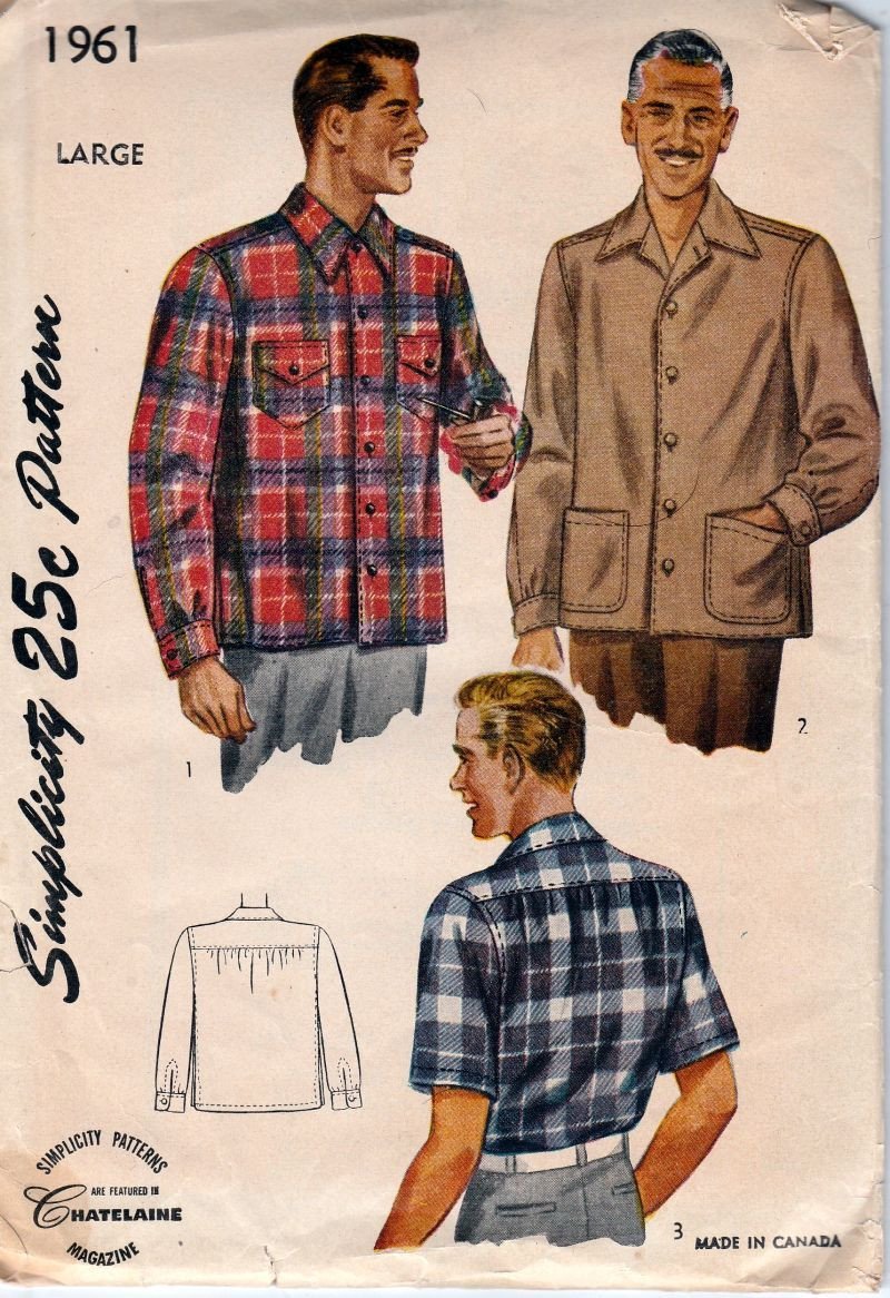 Simplicity 1961 Vintage 1940's Sewing Pattern Mens Casual Day Shirt - VintageStitching - Vintage Sewing Patterns