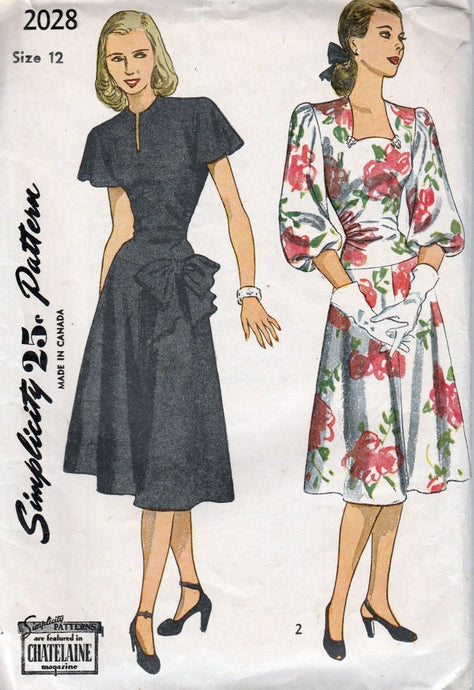 Simplicity 2028 Vintage 1940's Sewing Pattern Ladies Party Dress Lowered Waist Bow - VintageStitching - Vintage Sewing Patterns