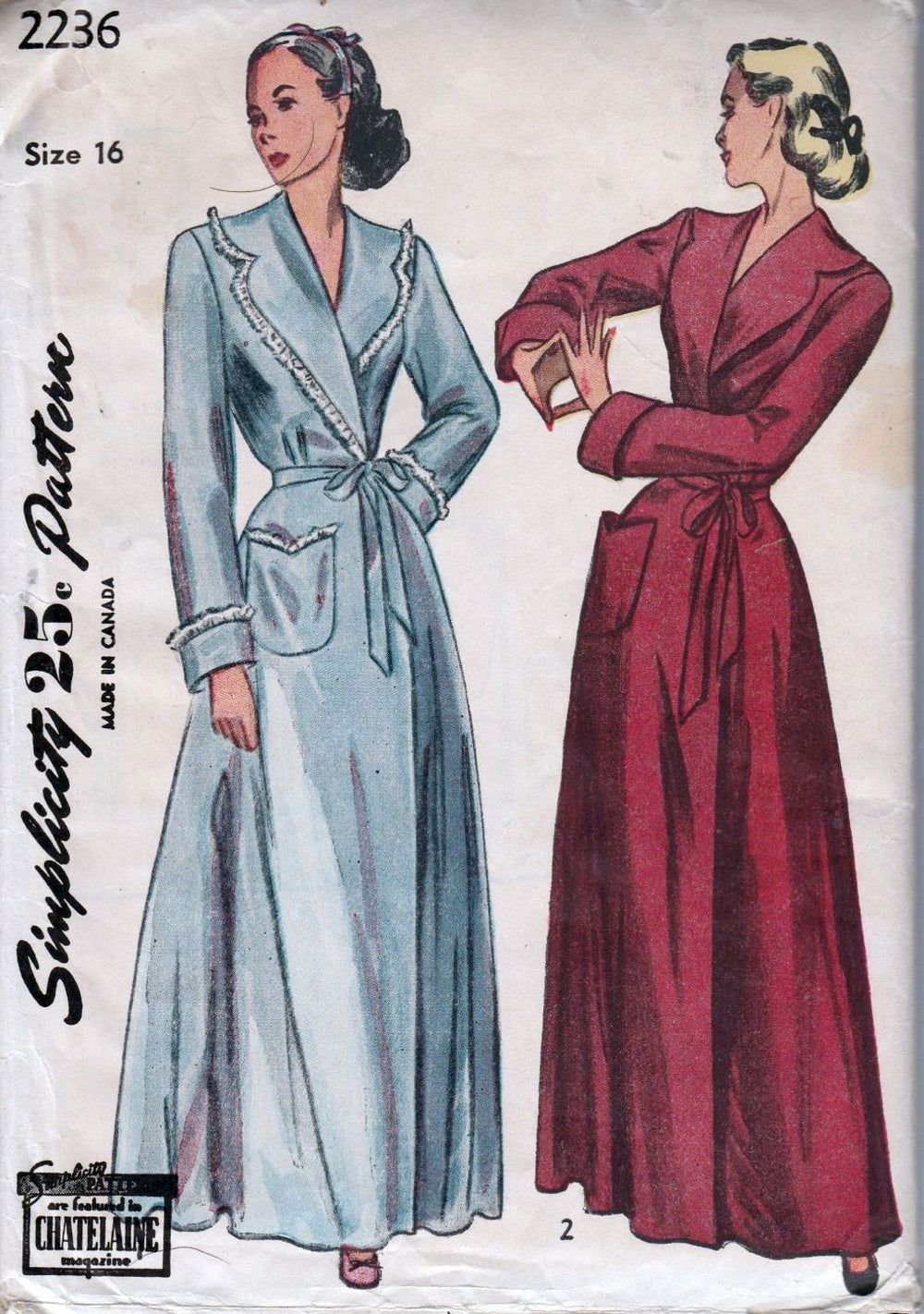 Simplicity 2236 Vintage 1940's Sewing Pattern Ladies Robe Housecoat Brunch - VintageStitching - Vintage Sewing Patterns