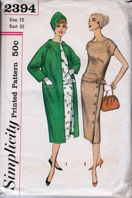 Simplicity 2394 Vintage 1950's Sewing Pattern Ladies Junior Miss Drop Waist Dress Coat - VintageStitching - Vintage Sewing Patterns