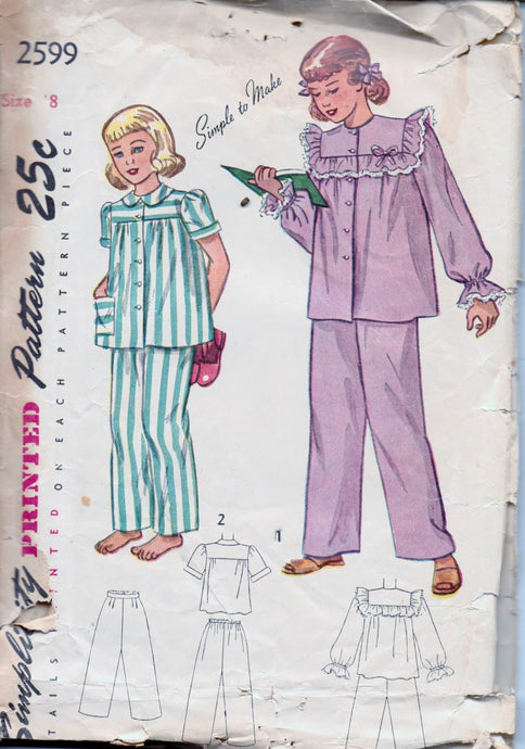 Simplicity 2599 Young Girls Two Piece Pajamas PJ's Vintage 1940's Sewing Pattern - VintageStitching - Vintage Sewing Patterns