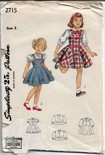 Simplicity 2715 Vintage Sewing Pattern 1940s Little Girls Jumper Dress Blouse - VintageStitching - Vintage Sewing Patterns