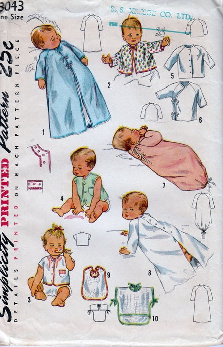 Simplicity 3043 Vintage 1940's Sewing Pattern Infant Layette Wrapper Saque Cardigan Bunting - VintageStitching - Vintage Sewing Patterns