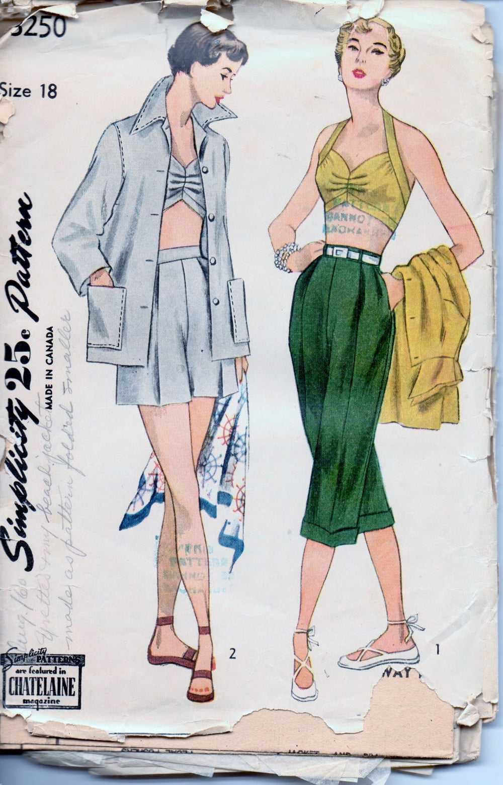 Simplicity 3250 Ladies Beach Jacket Halter Top Shorts Pedal Pushers Vintage 1950's Sewing Pattern - VintageStitching - Vintage Sewing Patterns