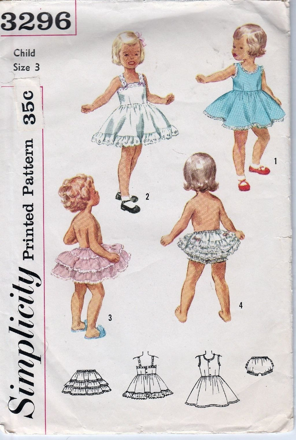 Simplicity 3296 Vintage Sewing Pattern 1950's Toddlers' Slip Petticoat Panties Ruffles - VintageStitching - Vintage Sewing Patterns