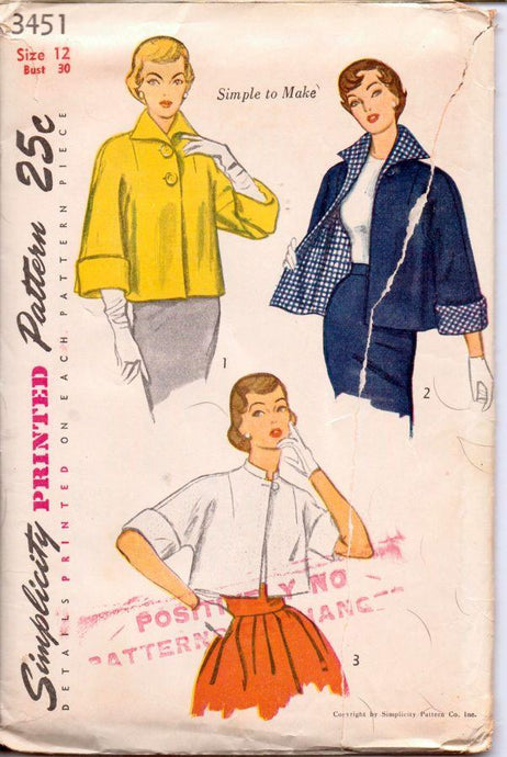 Simplicity 3451 Vintage 1950's Sewing Pattern Ladies Short Jacket Topper Bolero Reversible - VintageStitching - Vintage Sewing Patterns