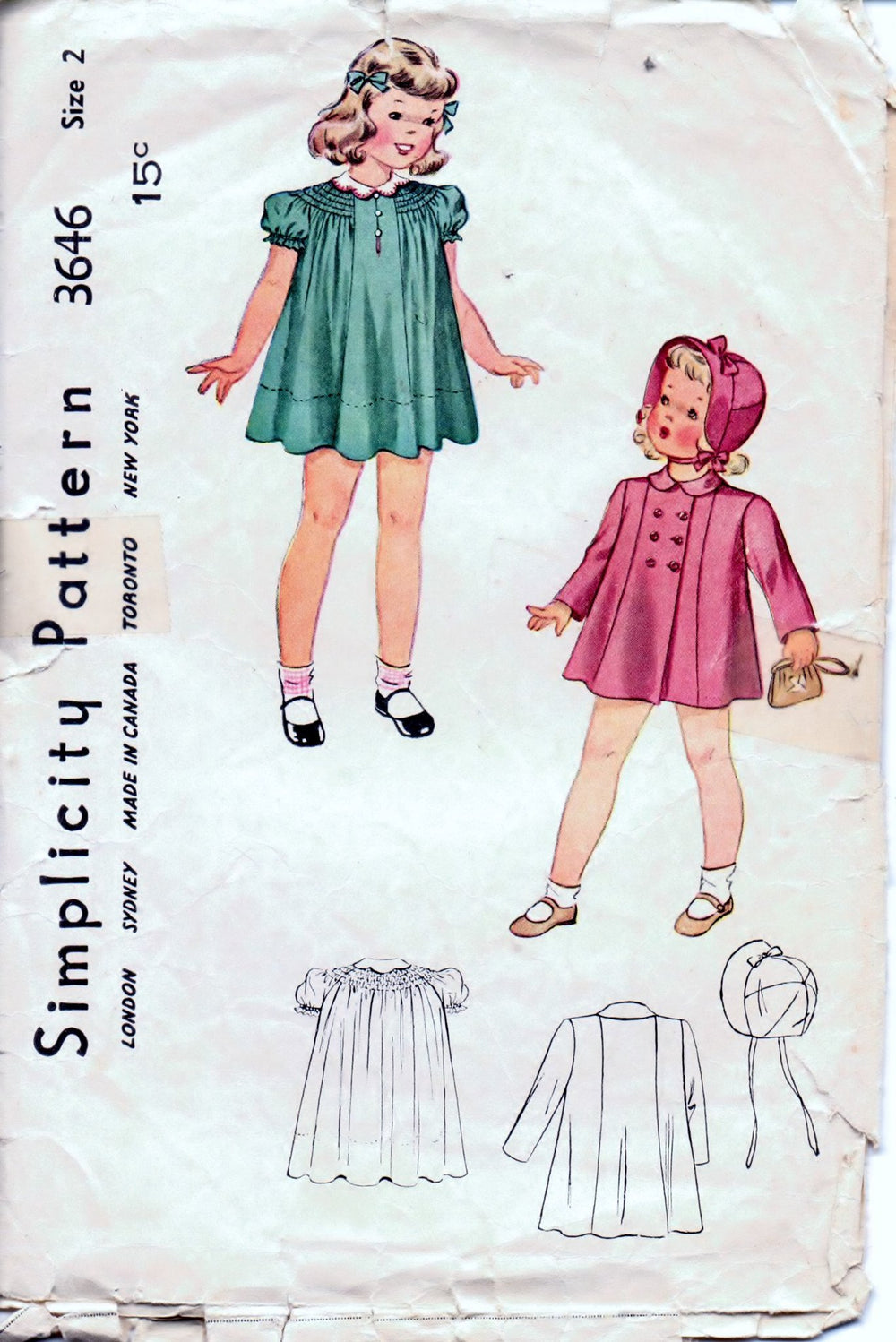 Simplicity 3646 Toddler Little Girls  Dress Coat Hat Vintage 1940's Sewing Pattern Unprinted - VintageStitching - Vintage Sewing Patterns