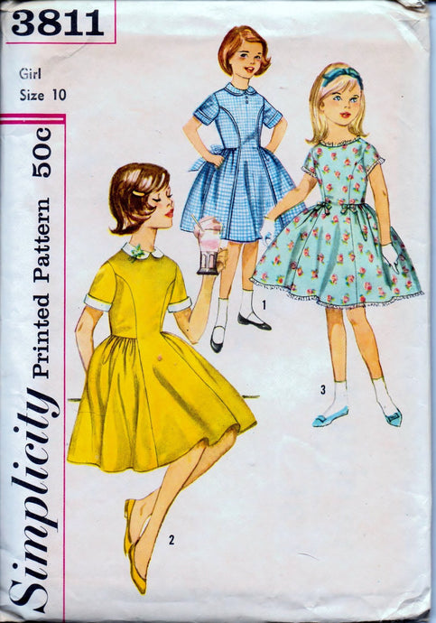 Simplicity 3811 Young Girls One-Piece Party Dress Detachable Collar Vintage 1960's Sewing Pattern - VintageStitching - Vintage Sewing Patterns