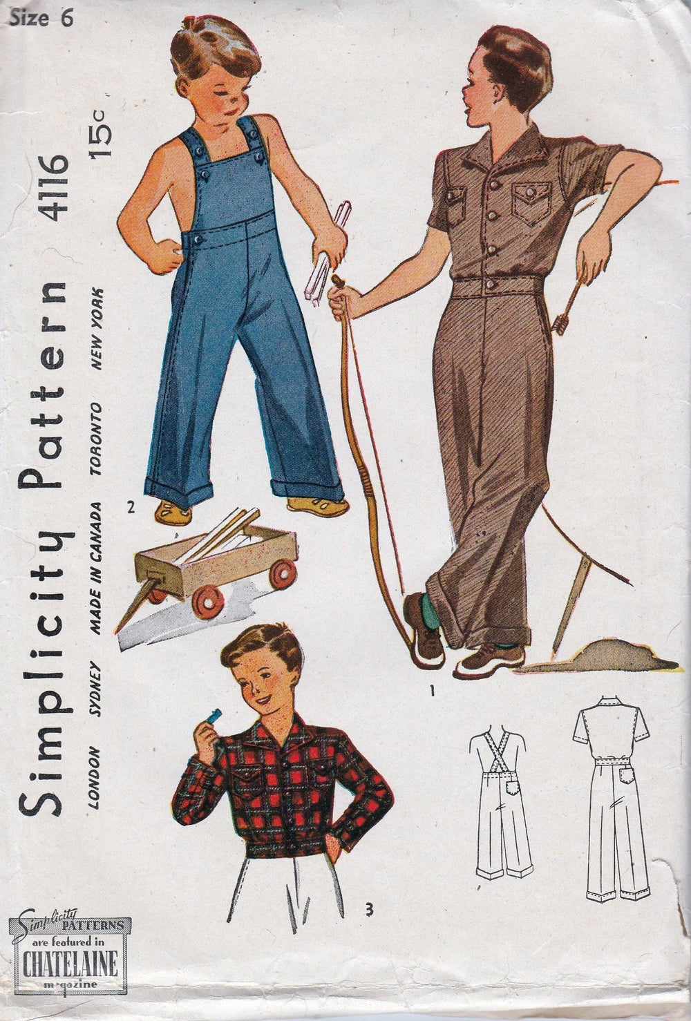 Simplicity 4116 Young Boys Overalls Lumber Jacket Vintage Pattern 1940's - VintageStitching - Vintage Sewing Patterns