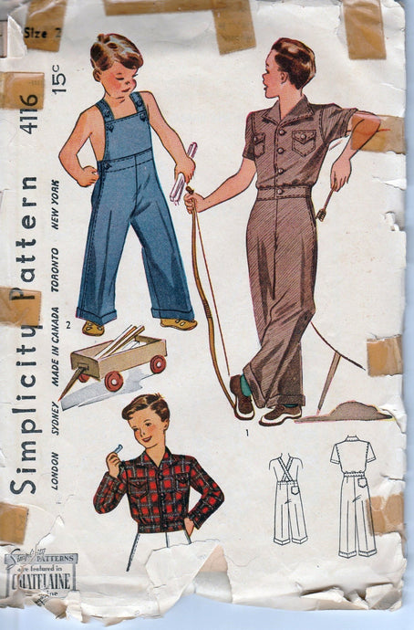 Simplicity 4116 Young Boys Toddler Overalls Lumber Jacket Vintage Pattern 1940's - VintageStitching - Vintage Sewing Patterns