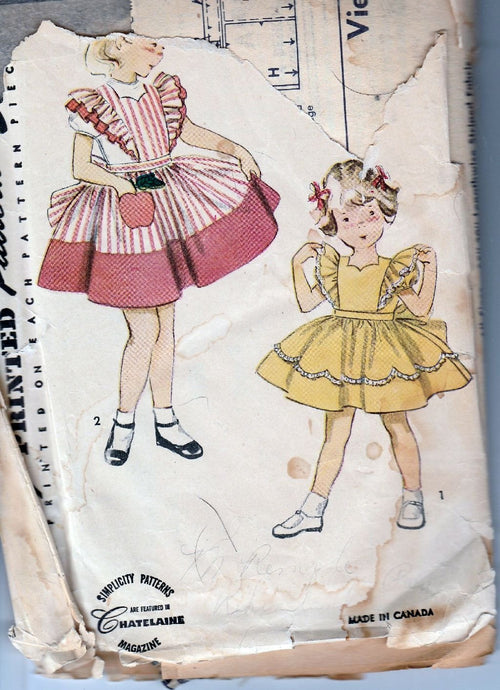 Simplicity 4136 Vintage Sewing Pattern 1950's Little Girl Full Skirt Dress Pinafore - VintageStitching - Vintage Sewing Patterns