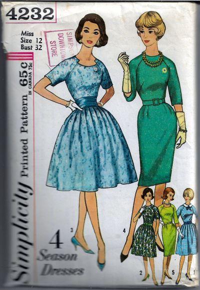 Simplicity 4232 Ladies Dress Raglan Sleeves Vintage Sewing Pattern 1960's Sz 12 - VintageStitching - Vintage Sewing Patterns