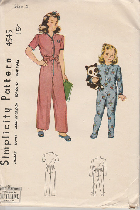 Simplicity 4545 Girls Toddlers One Piece Pajamas Vintage 1940's Sewing Pattern - VintageStitching - Vintage Sewing Patterns