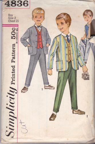 Simplicity 4836 Vintage Pattern Boys Suit Jacket Vest Pants 1960's - VintageStitching - Vintage Sewing Patterns