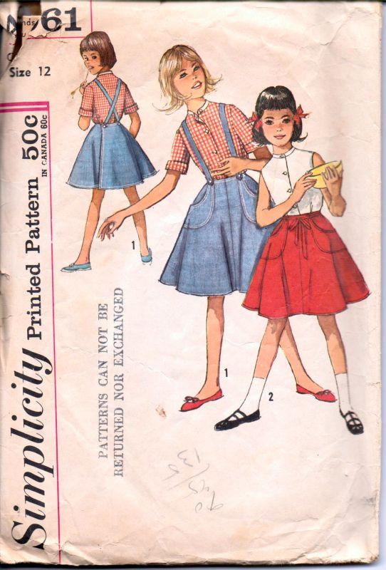 Simplicity 4961 Vintage 1960's Sewing Pattern Girls Blouse Wrap Skirt with Suspenders Four Gore - VintageStitching - Vintage Sewing Patterns