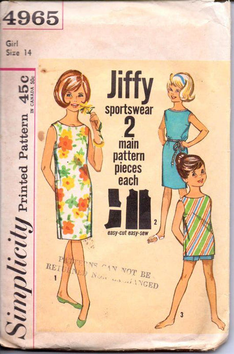 Simplicity 4965 Vintage 1960's Sewing Pattern Girls Sleeveless Beach Dress Top Shorts Jiffy - VintageStitching - Vintage Sewing Patterns