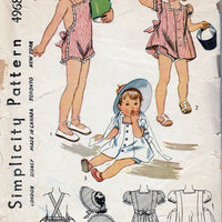 Simplicity 4968 Vintage 1940's Sewing Pattern Little Girls' Sunsuit Dress Bonnet - VintageStitching - Vintage Sewing Patterns