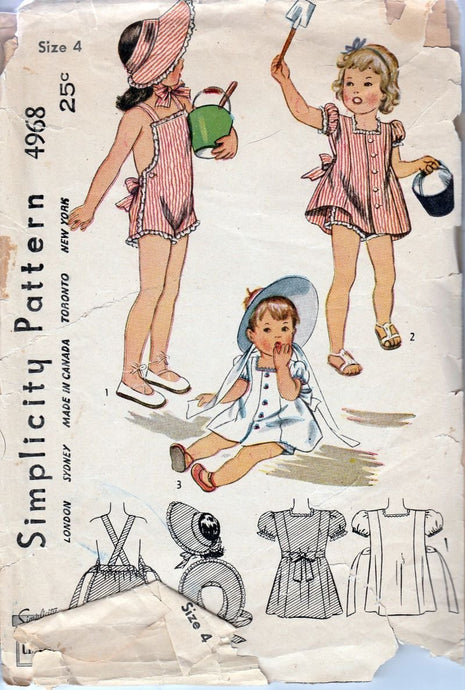 Simplicity 4968 Vintage 1940's Sewing Pattern Little Girls' Sunsuit Dress Bonnet - VintageStitching - Vintage Sewing Patterns