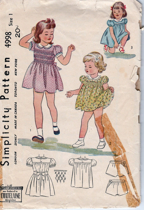 Simplicity 4998 Toddler Play Dress Panties Vintage Pattern 1940's - VintageStitching - Vintage Sewing Patterns