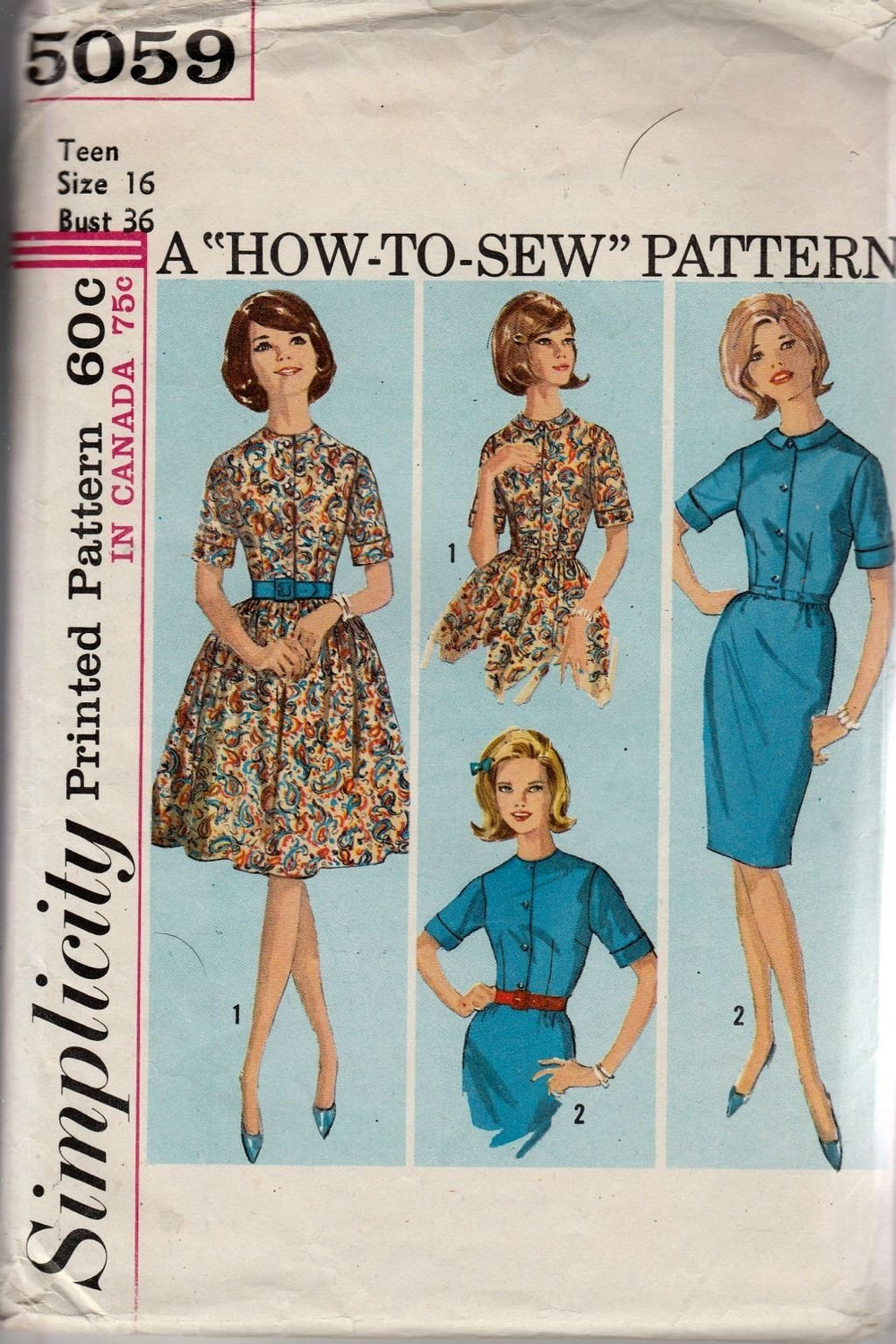 Simplicity 5059 Vintage 1960's Sewing Pattern Ladies Teen Sheath Shirtwaist Dress - VintageStitching - Vintage Sewing Patterns