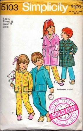 Simplicity 5103 Girls or Boys Pajamas Housecoat Robe Vintage 1970's Pattern - VintageStitching - Vintage Sewing Patterns