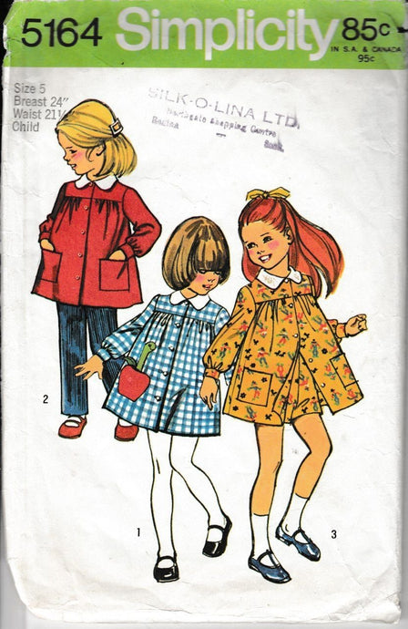 Simplicity 5164 Little Girls Smock Dress Pants Vintage 1970's Sewing Pattern - VintageStitching - Vintage Sewing Patterns