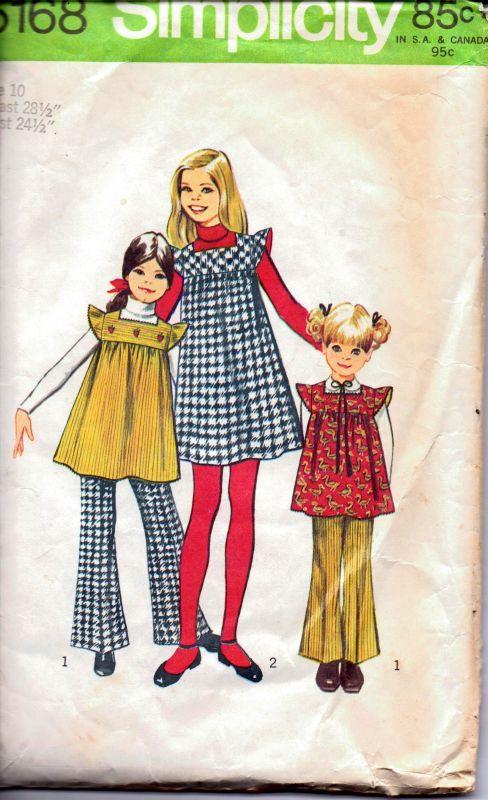 Simplicity 5168 Vintage 1970's Sewing Pattern Girls Jumper Dress Tunic Bell Bottom Pants Cap Sleeves Square Neckline - VintageStitching - Vintage Sewing Patterns