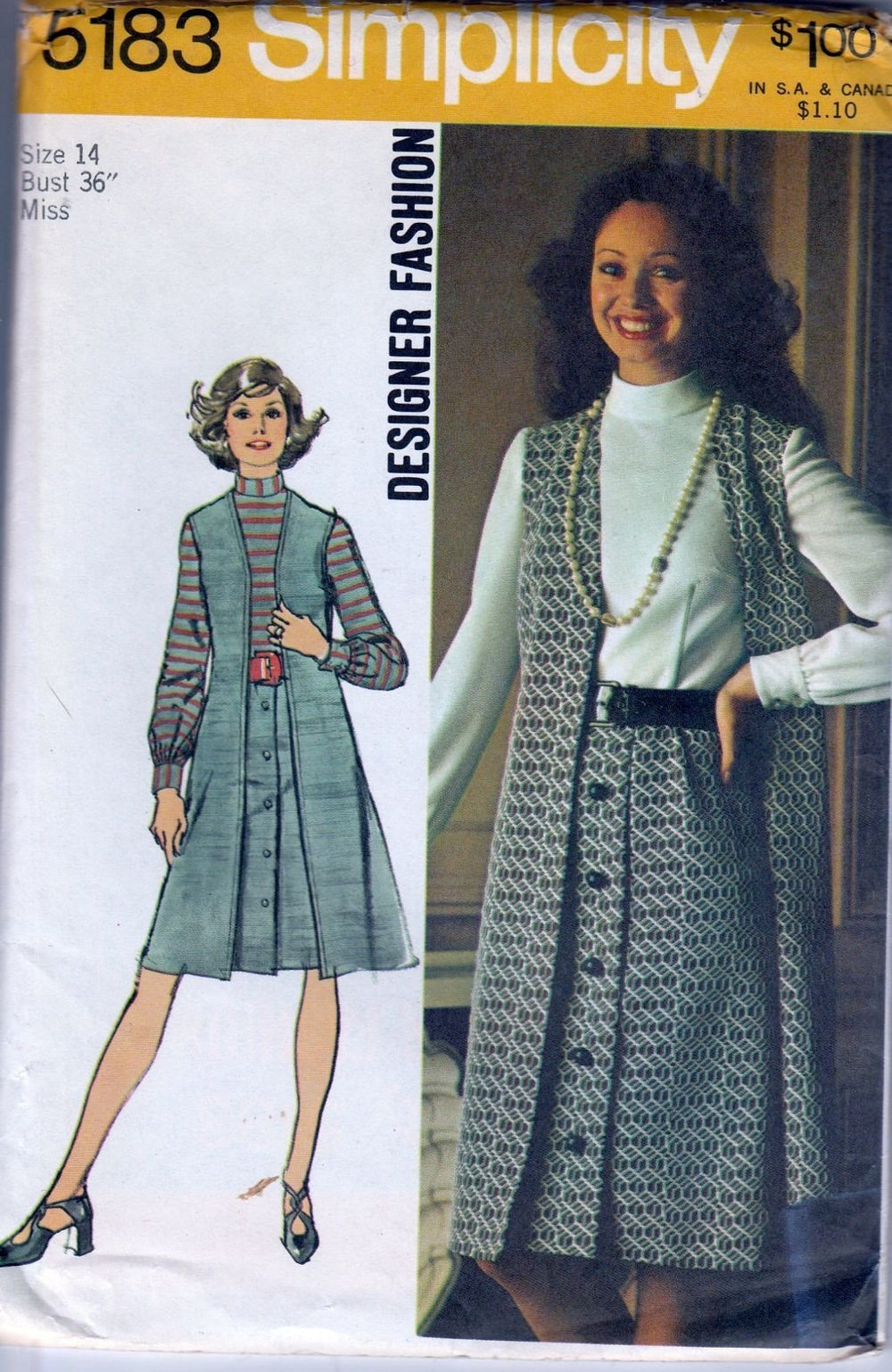 Simplicity 5183 Vintage 1970's Sewing Pattern Ladies One Piece Dress Vest Designer Fashion - VintageStitching - Vintage Sewing Patterns