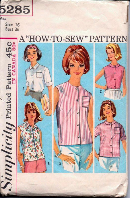 Simplicity 5285 Vintage 1960's Sewing Pattern Ladies Blouse Button Front Sleeveless Overblouse - VintageStitching - Vintage Sewing Patterns