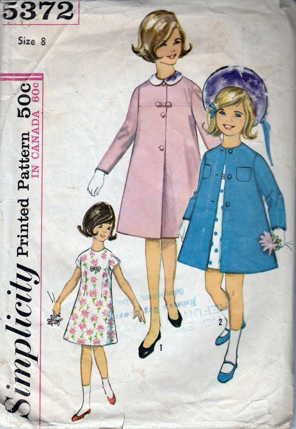 Simplicity 5372 Vintage 1960's Sewing Pattern Girls A-Line Dress Front Button Coat Detachable Collar - VintageStitching - Vintage Sewing Patterns