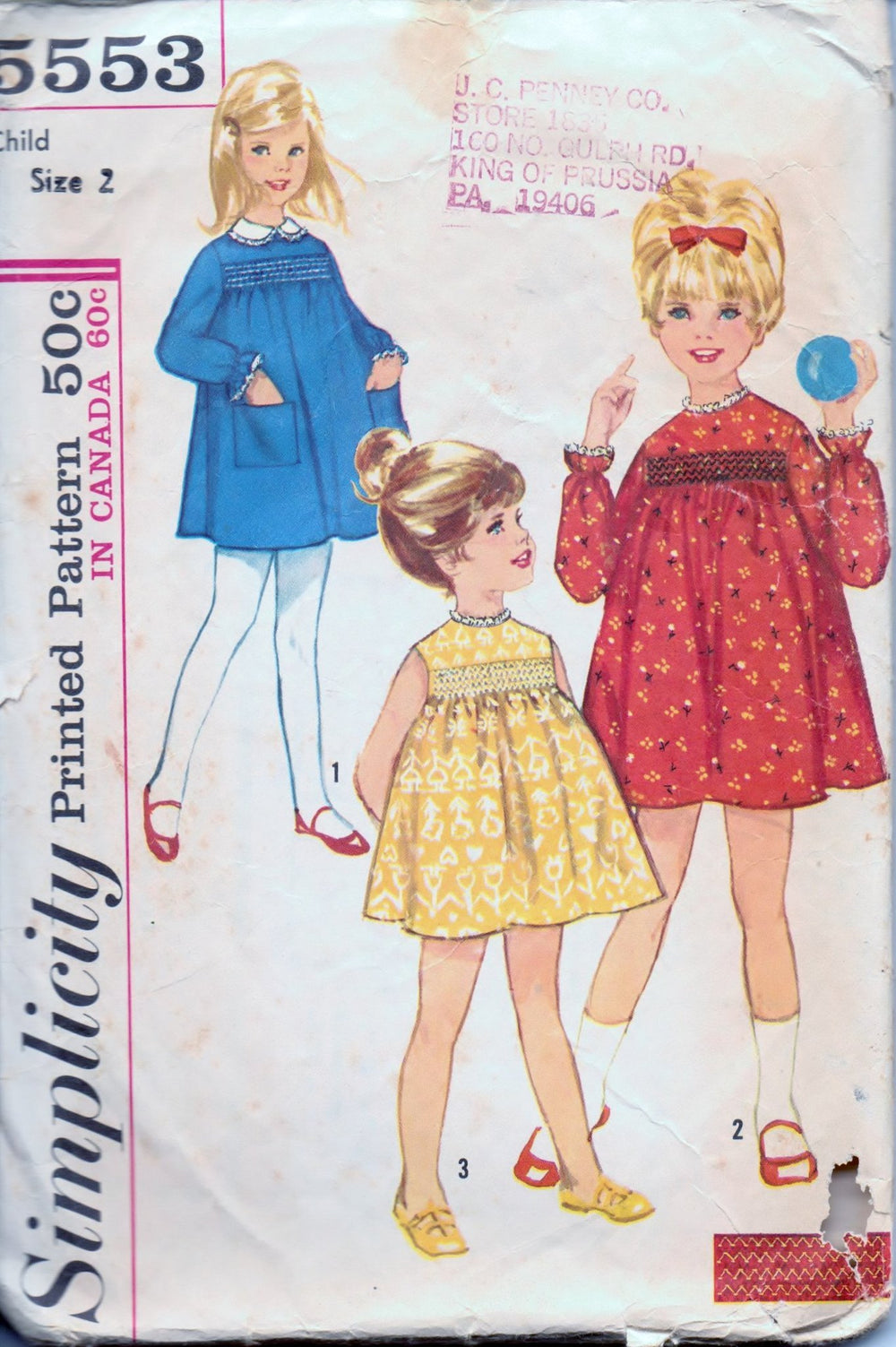Simplicity 5553 Little Girls Toddler One Piece Dress Detachable Collar Vintage 1960's Sewing Pattern - VintageStitching - Vintage Sewing Patterns