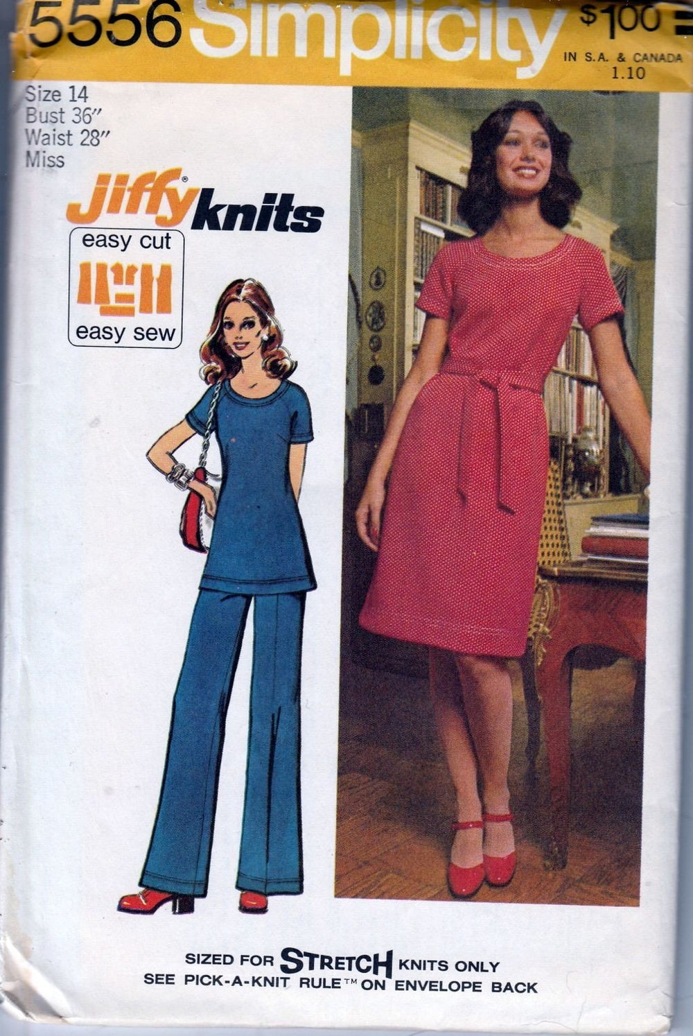 Simplicity 5556 Vintage 1970's Sewing Pattern Ladies Dress Top Pants Jiffy Knits - VintageStitching - Vintage Sewing Patterns