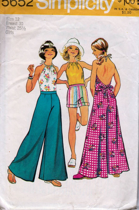 Simplicity 5652 Girls Halter Top Bell Bottom Pants Shorts Vintage 1970's Sewing Pattern - VintageStitching - Vintage Sewing Patterns