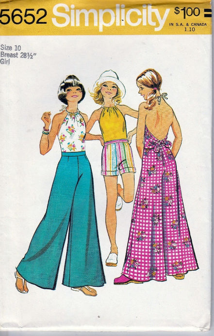 Simplicity 5652 Vintage 1970's Sewing Pattern Girls Pants Halter Top Shorts - VintageStitching - Vintage Sewing Patterns