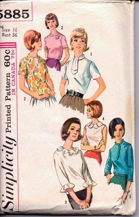 Simplicity 5885 Vintage 1960's Sewing Pattern Ladies Blouse Back Buttoned Ruffle Trim Long Short Sleeves Sleeveless - VintageStitching - Vintage Sewing Patterns