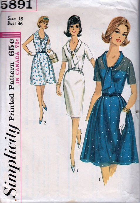 Simplicity 5891 Vintage 1960's Sewing Patterns Ladies Sheath Dress Full Skirt - VintageStitching - Vintage Sewing Patterns